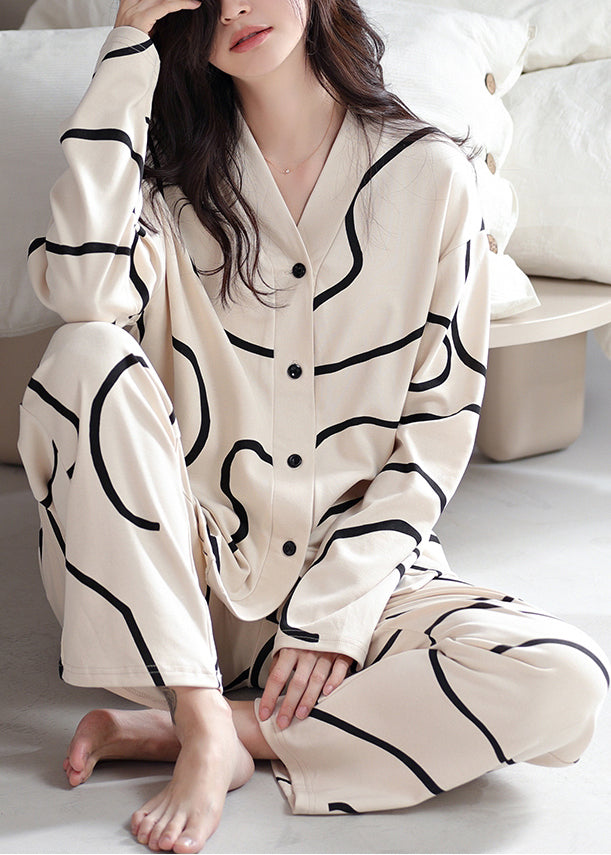 Piece Button Apricot Striped Cotton French Set Two Pajamas Fall