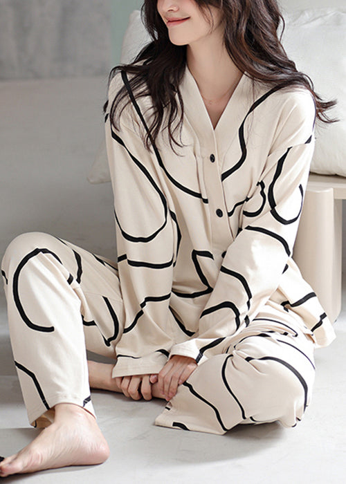Piece Button Apricot Striped Cotton French Set Two Pajamas Fall