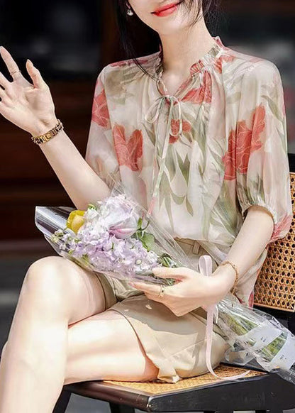 French Apricot V Neck Print Chiffon Top Summer WW011