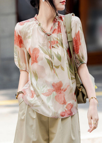 French Apricot V Neck Print Chiffon Top Summer WW011