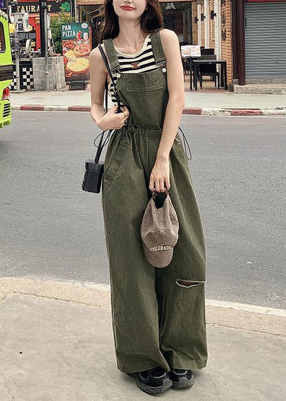 French Army Green Drawstring Pockets Cotton Jumpsuit Sleeveless XX028