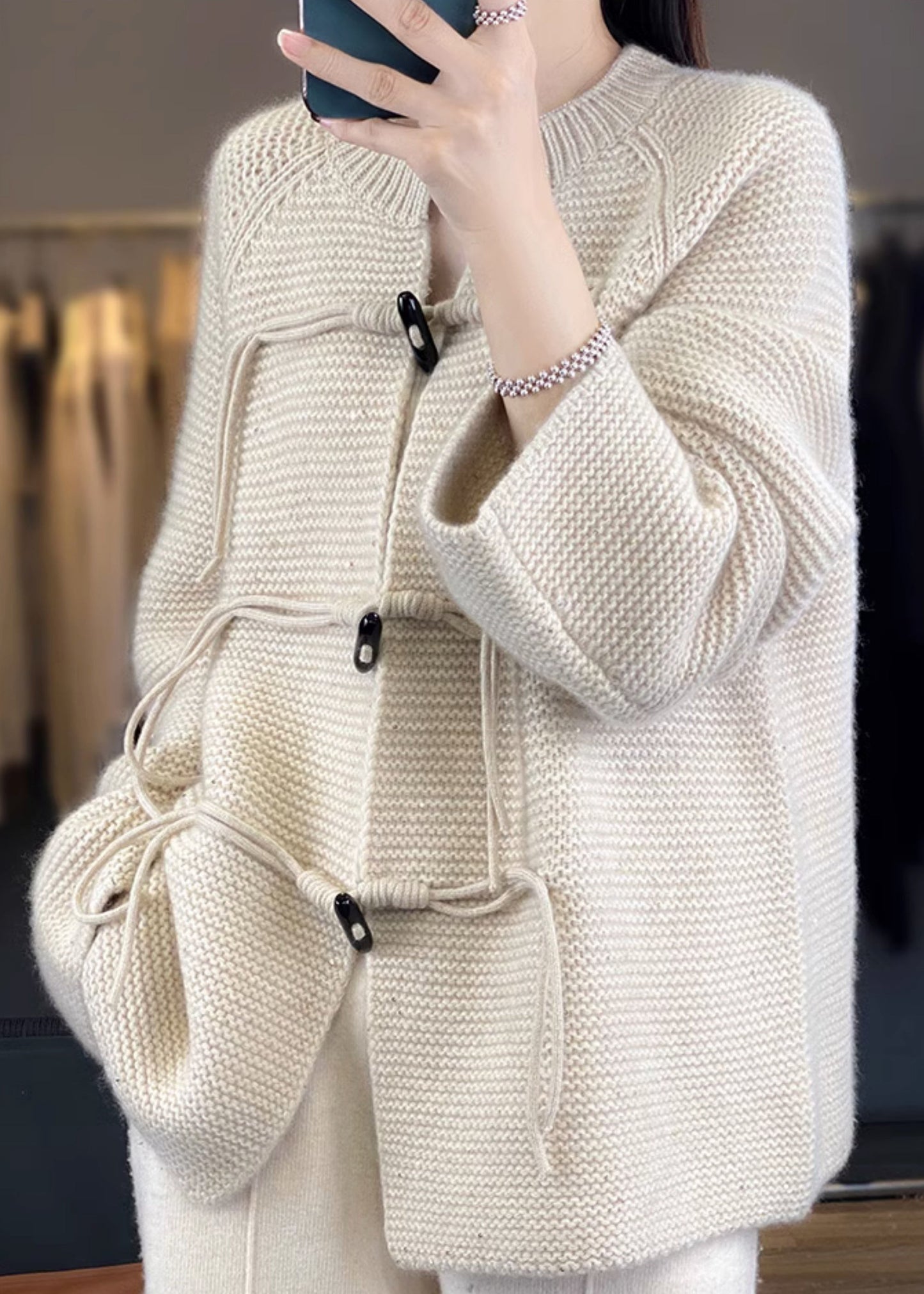 French Beige Button Cozy Woolen Knit Coats Fall AB1030