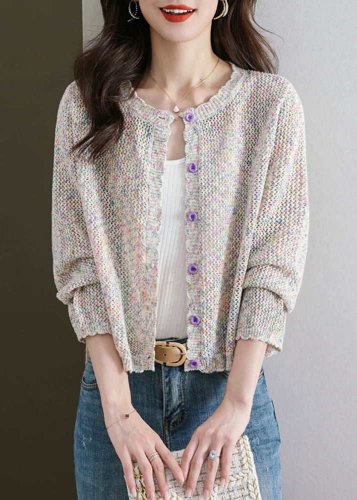 French Beige Hollow Out Button Knit Cardigan Fall QS022