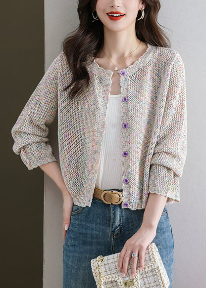 French Beige Hollow Out Button Knit Cardigan Fall QS022