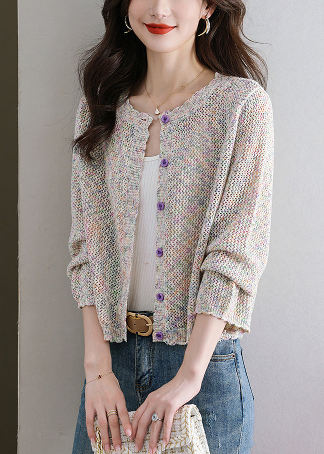 French Beige Hollow Out Button Knit Cardigan Fall QS022