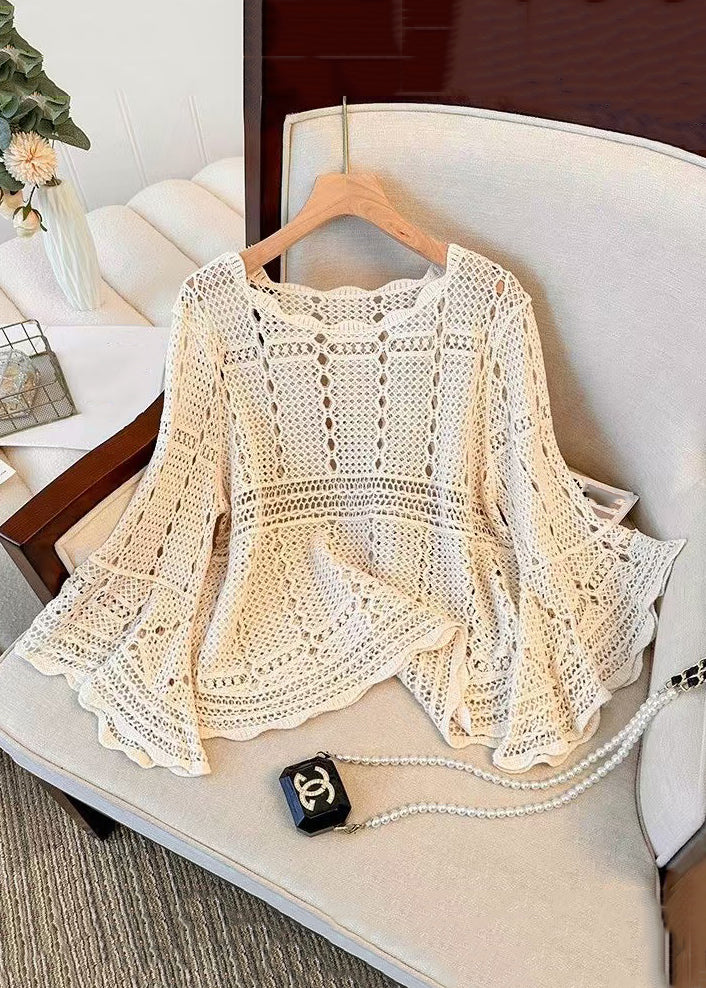 Haut évasé beige à manches creuses et tricot français confortable