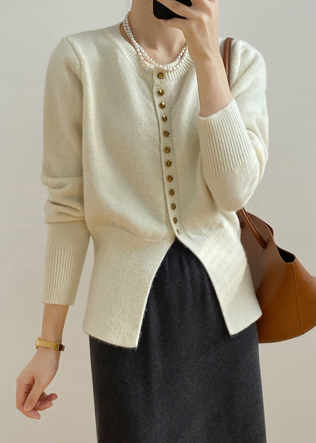 French Beige O Neck Button Knit Cardigan Top Fall WR016