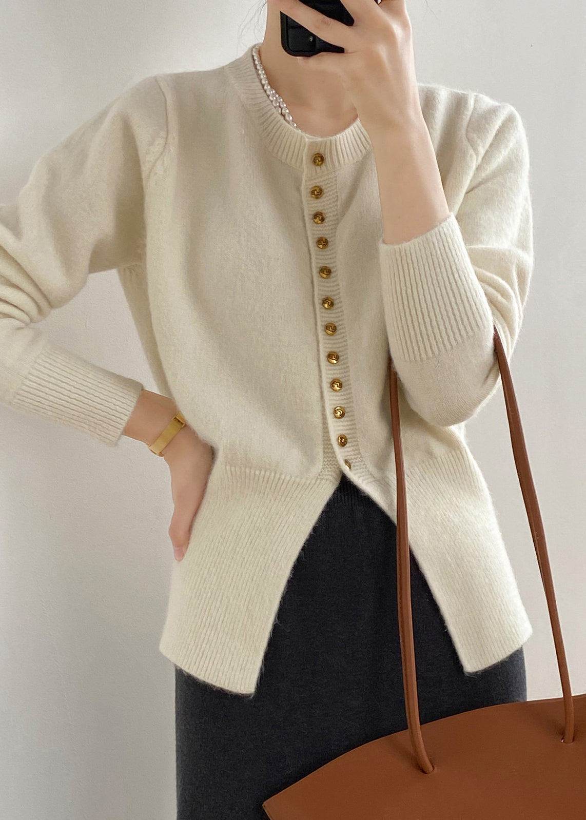 French Beige O Neck Button Knit Cardigan Top Fall WR016