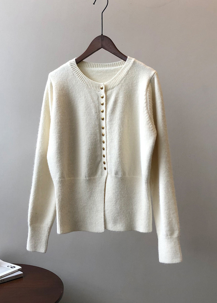 French Beige O Neck Button Knit Cardigan Top Fall WR016