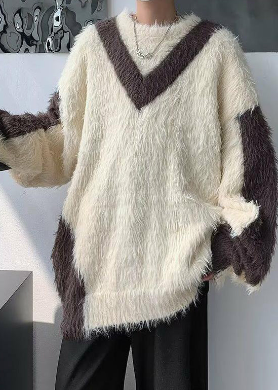 French Beige O-Neck Patchwork Mink Velvet Men Sweater Winter RC042