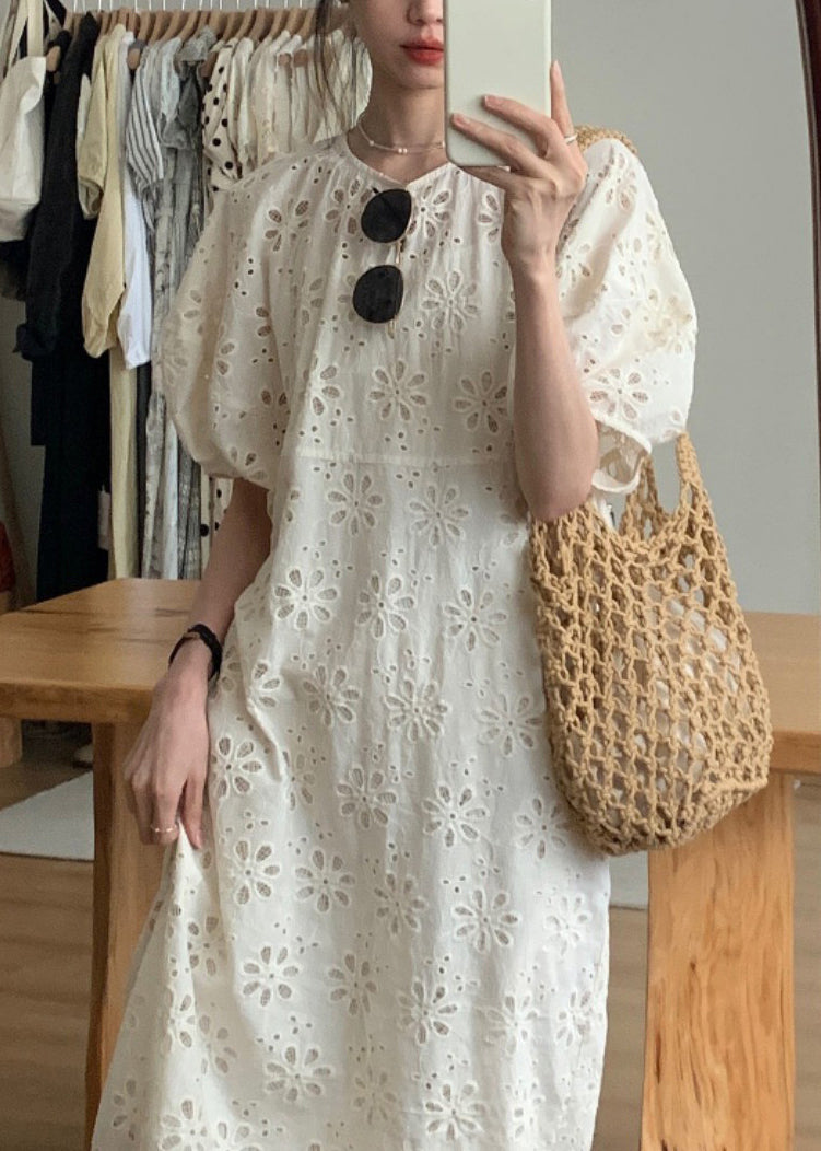French Beige Hollow Puff Dress Sleeve Cotton Out O-Neck