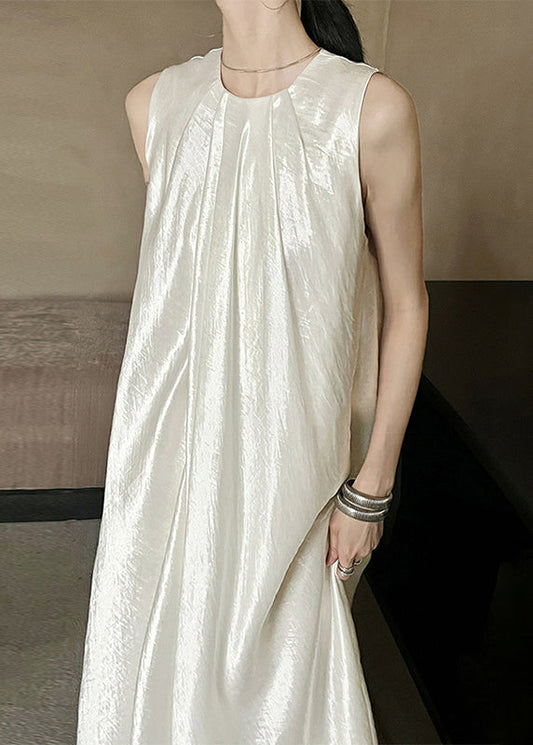 Neck French Sleeveless O Dresses Long Beige Solid Silk