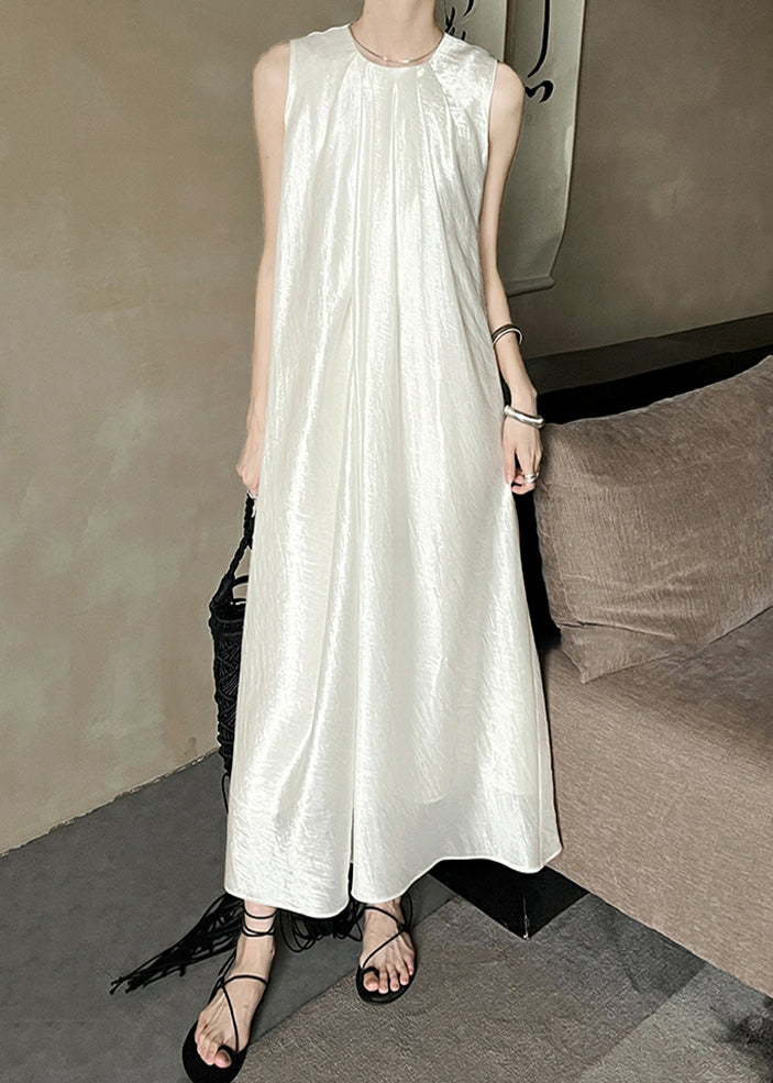 Neck French Sleeveless O Dresses Long Beige Solid Silk