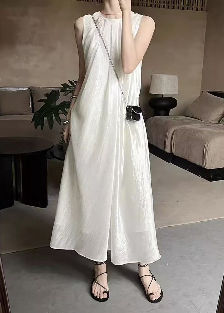 Neck French Sleeveless O Dresses Long Beige Solid Silk