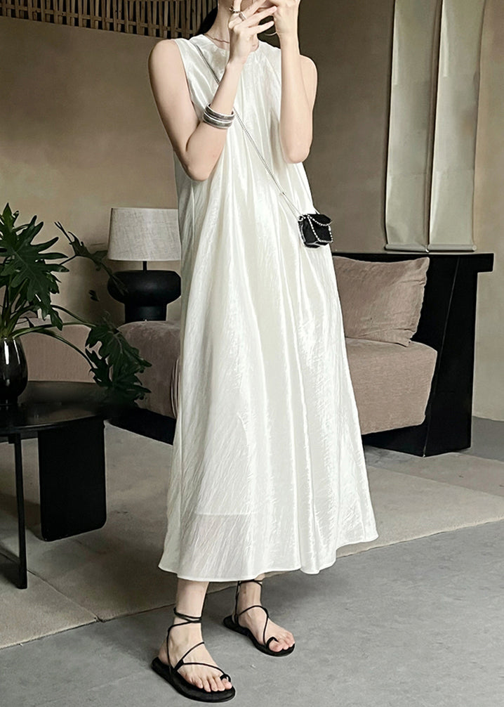 Neck French Sleeveless O Dresses Long Beige Solid Silk