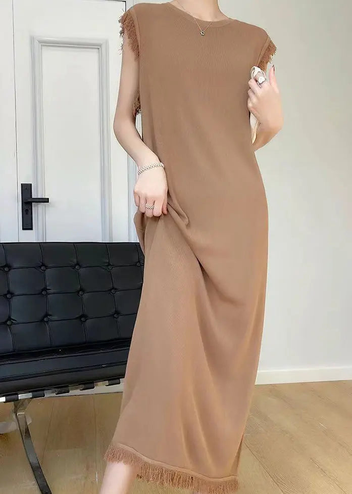 French Beige O-Neck Tasseled Ice Silk Knit Dress Sleeveless Ada Fashion