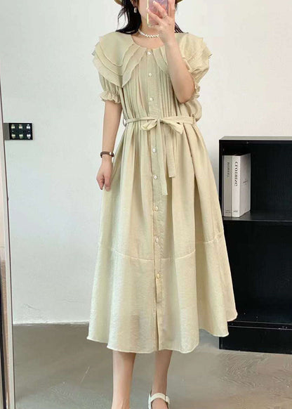 French Beige Peter Pan Collar Wrinkled Cotton Dresses Summer AP028