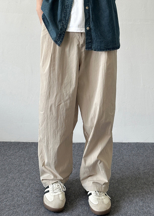 Pantalon en coton beige pour homme, taille élastique, poches, style français, uni, été