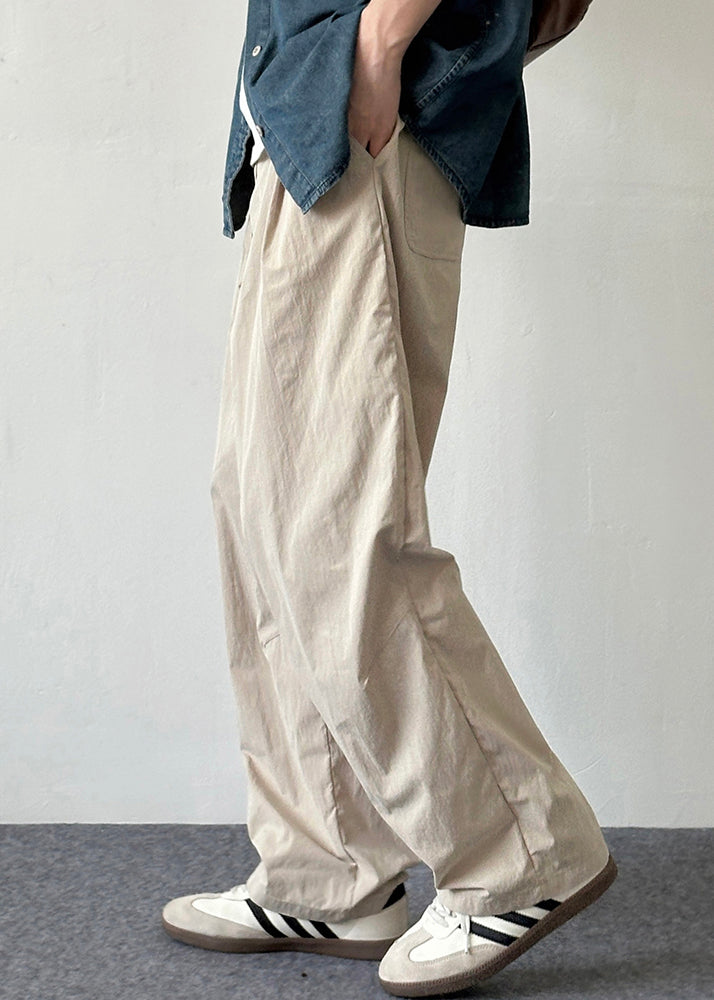 Pantalon en coton beige pour homme, taille élastique, poches, style français, uni, été