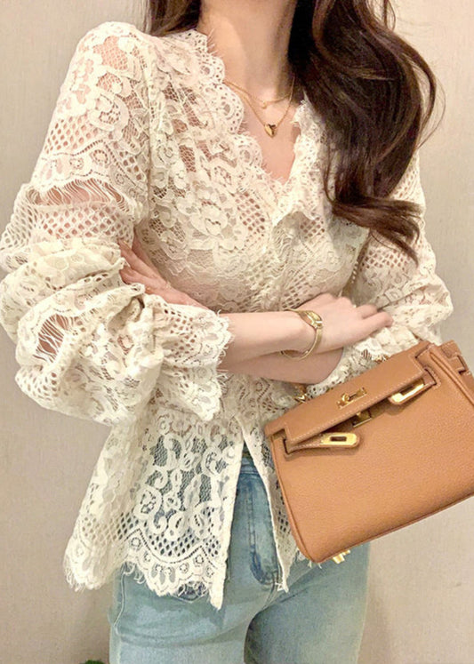 Hauts en dentelle boutonnés à volants et à volants de printemps, style français, ajouré, beige