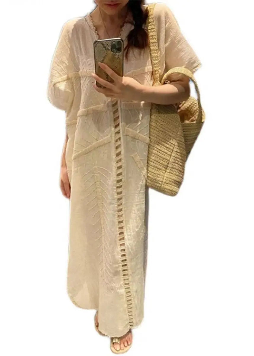 French Beige V Neck Hollow Out Cotton Long Dress Summer Ada Fashion