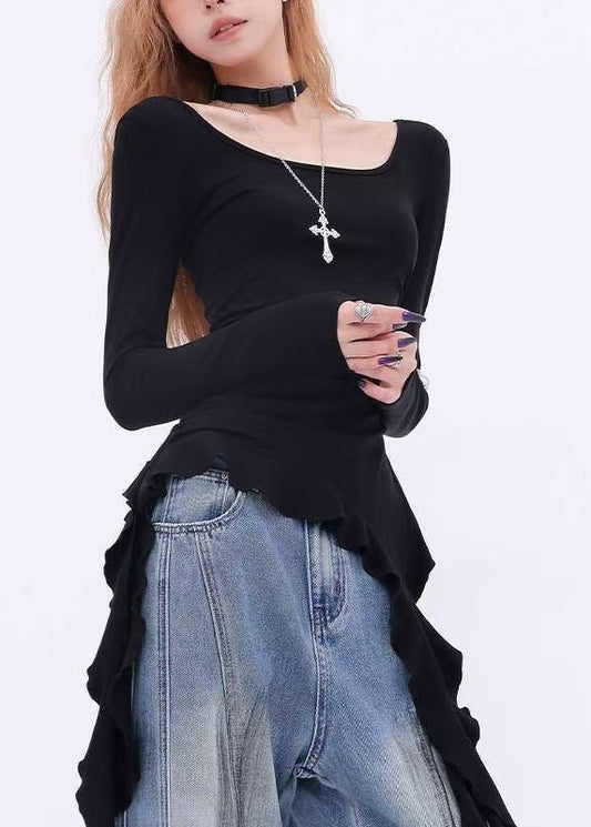 Haut asymétrique noir en coton à une épaule, printemps YF021