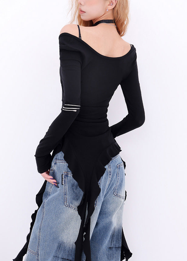Haut asymétrique noir en coton à une épaule, printemps YF021
