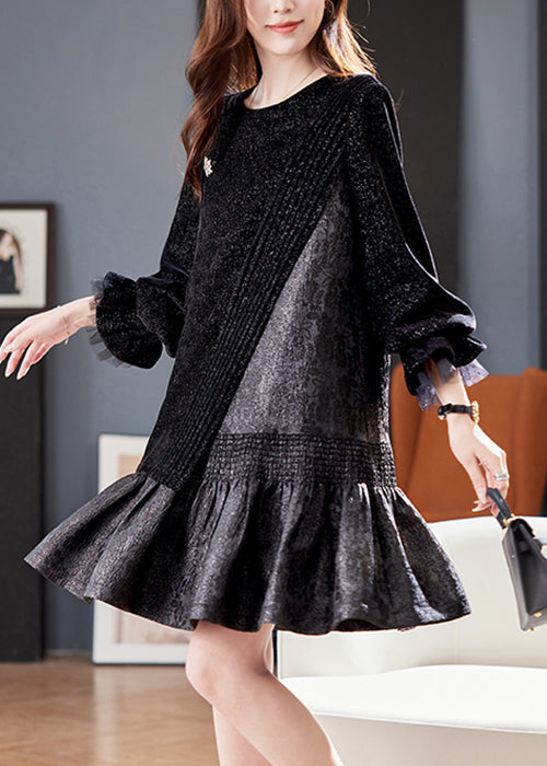 Robe patchwork asymétrique noire française à manches papillon RL045