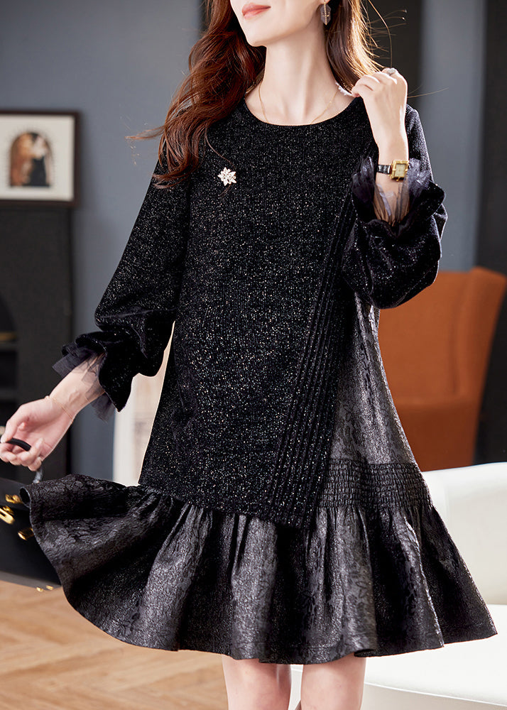 Robe patchwork asymétrique noire française à manches papillon RL045
