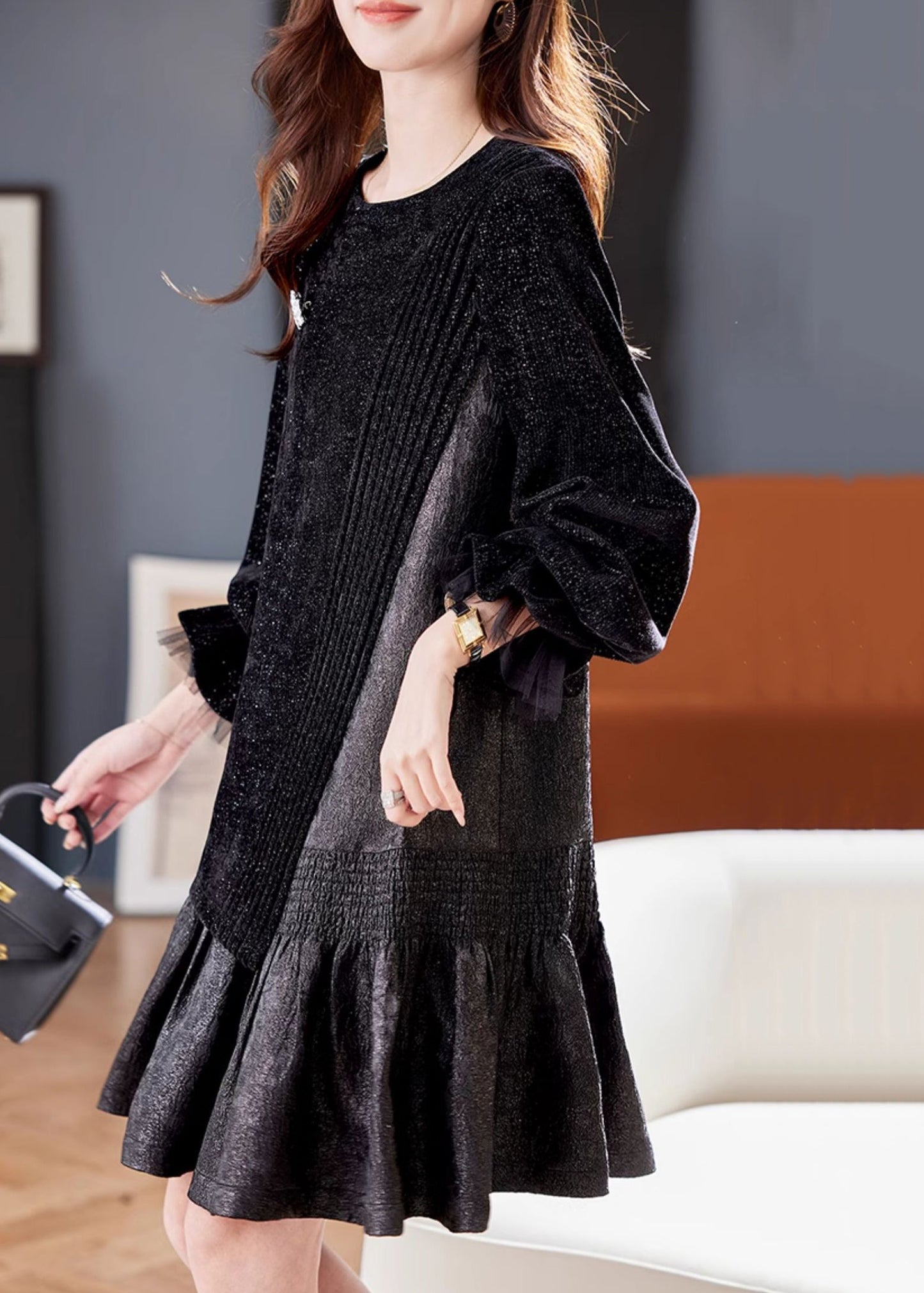 Robe patchwork asymétrique noire française à manches papillon RL045