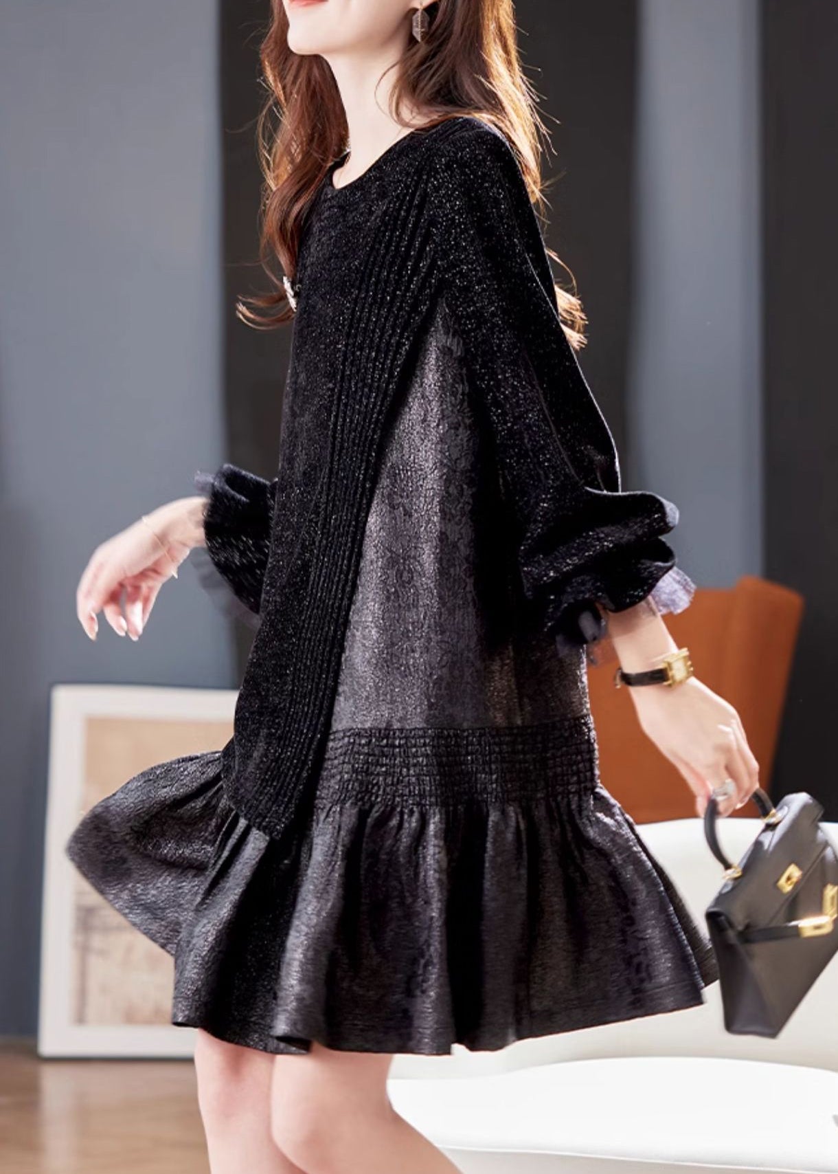 Robe patchwork asymétrique noire française à manches papillon RL045