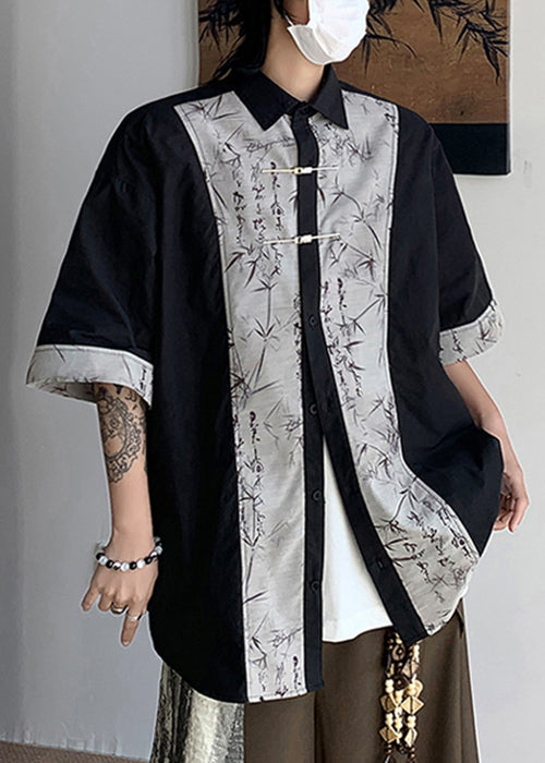 Chemise d'été en coton patchwork à imprimé boutons noirs pour hommes YT080