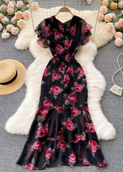 French Black Cinched Print Chiffon Long Dresses Summer TR024