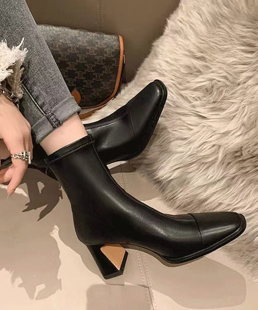 French Black Cowhide Leather Splicing Chunky Heels Boots DD1016