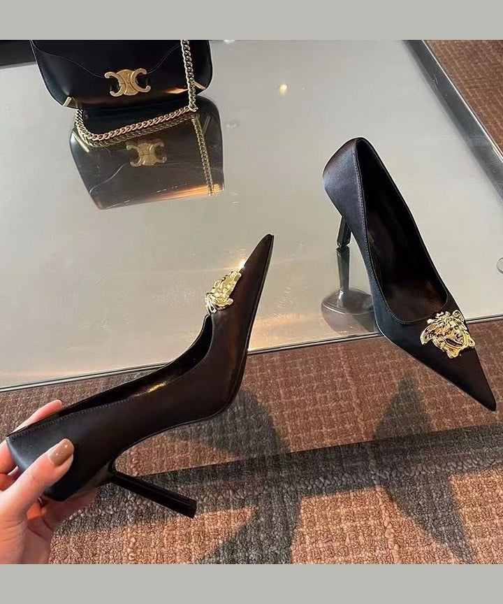 Spitz Splicing Toe French Heels Leder Schwarz Hohe Kunstleder