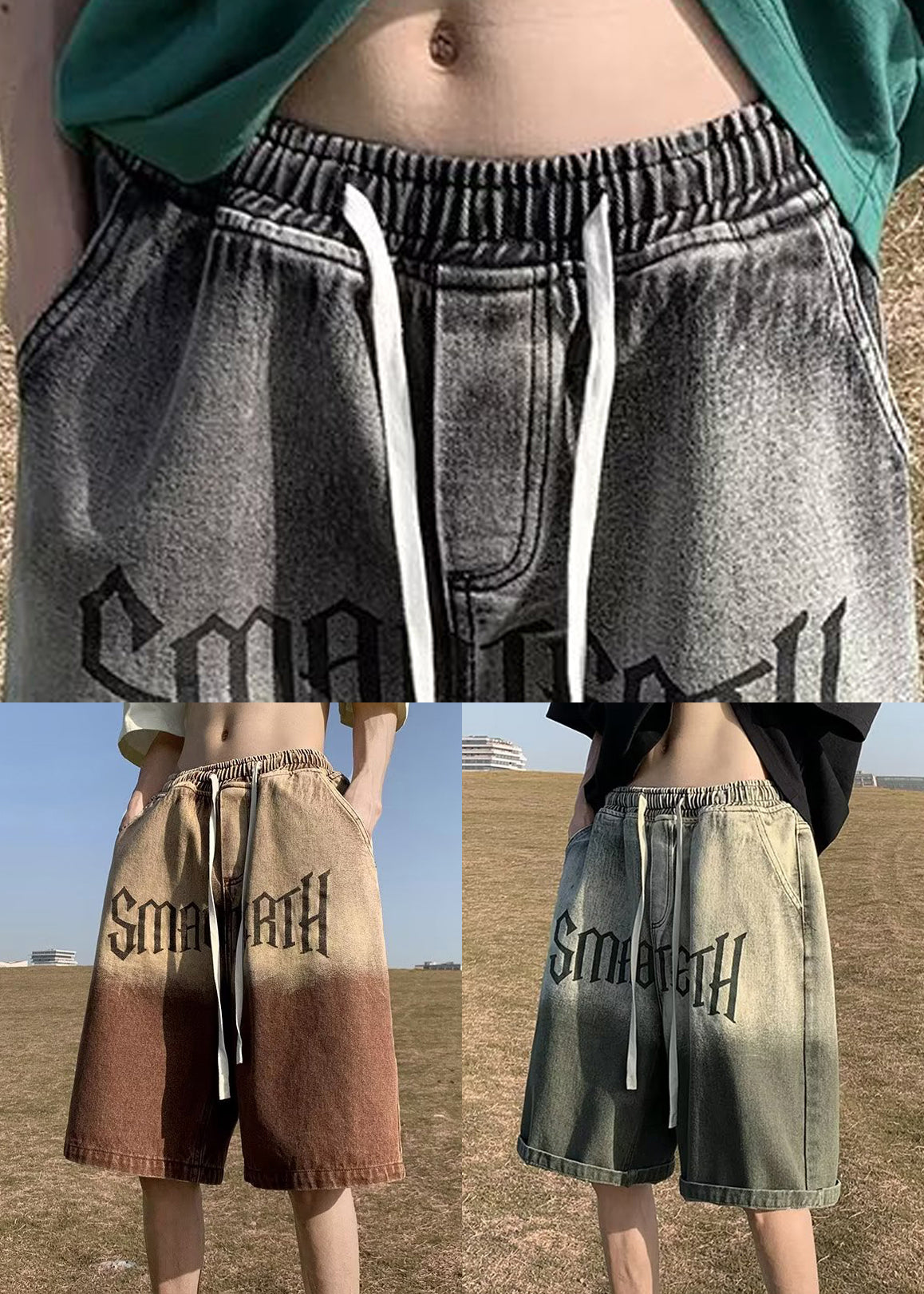 Color Print Waist Black Denim Elastic Gradient Pockets French