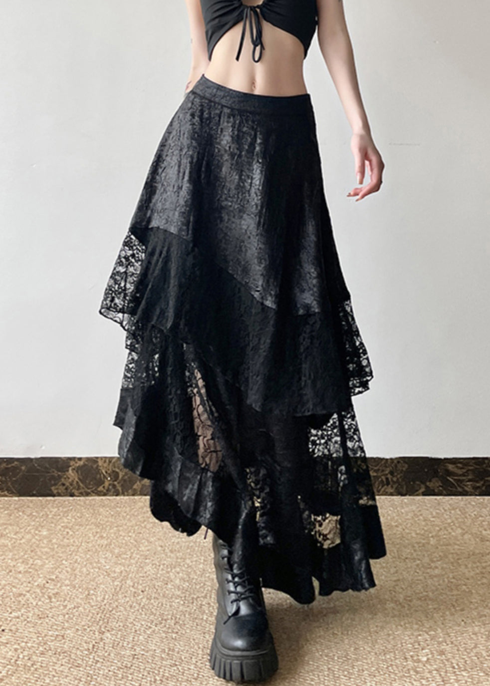 French Black High Waist Patchwork Lace Skirts Summer AW1018