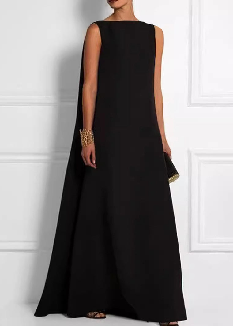 Robe noire française en coton sans manches, taille unie, cheville haute