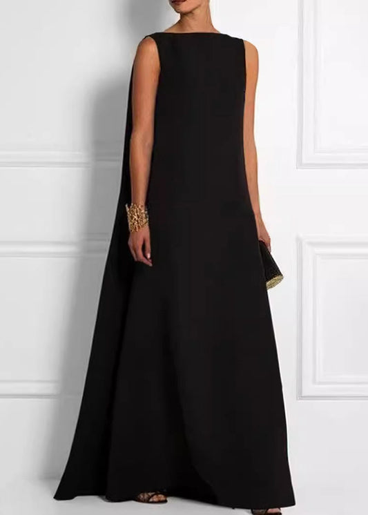 Robe noire française en coton sans manches, taille unie, cheville haute