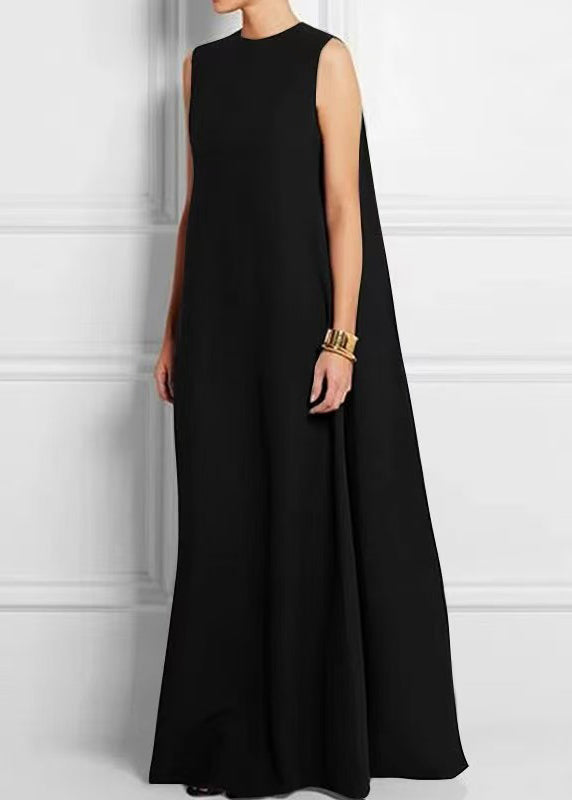 Robe noire française en coton sans manches, taille unie, cheville haute