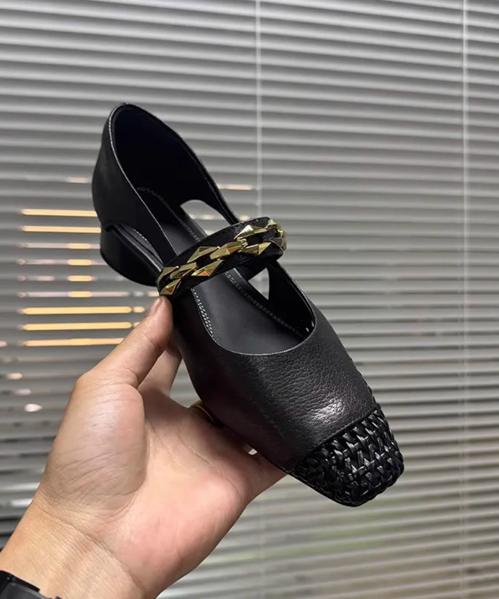 Square Toe French Chunky Breathable Hollow Woven Black Out