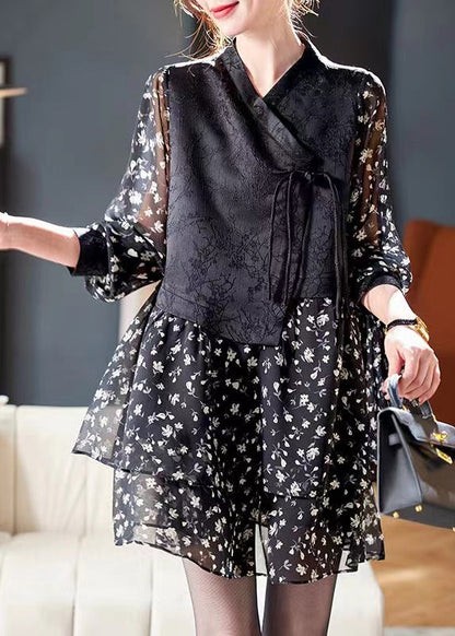 French Black Lace Up Print Patchwork Chiffon Mid Dress Spring Ada Fashion