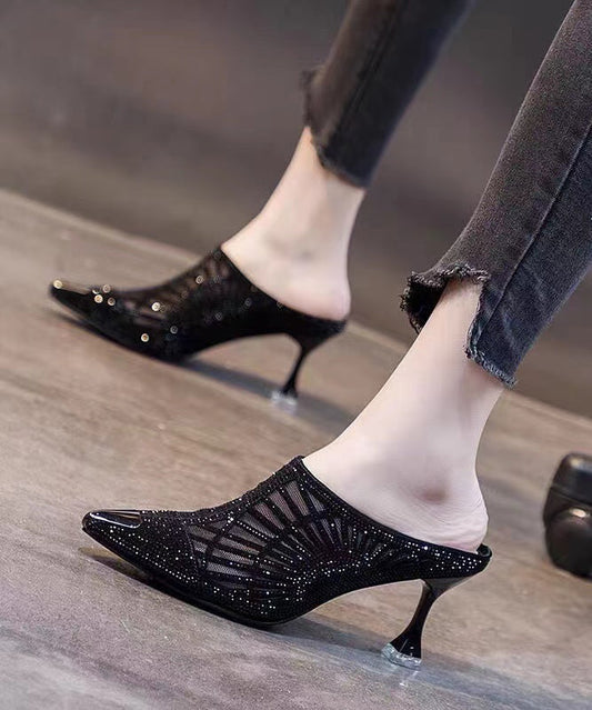 French Black Mesh Pointed Toe Zircon High Heels Slide Sandals CZ1048