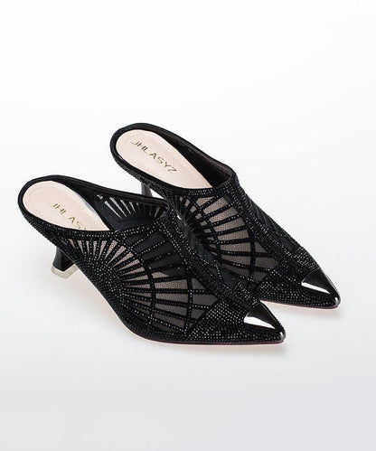 French Black Mesh Pointed Toe Zircon High Heels Slide Sandals CZ1048