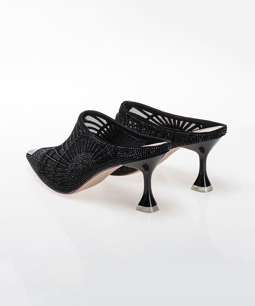 French Black Mesh Pointed Toe Zircon High Heels Slide Sandals CZ1048