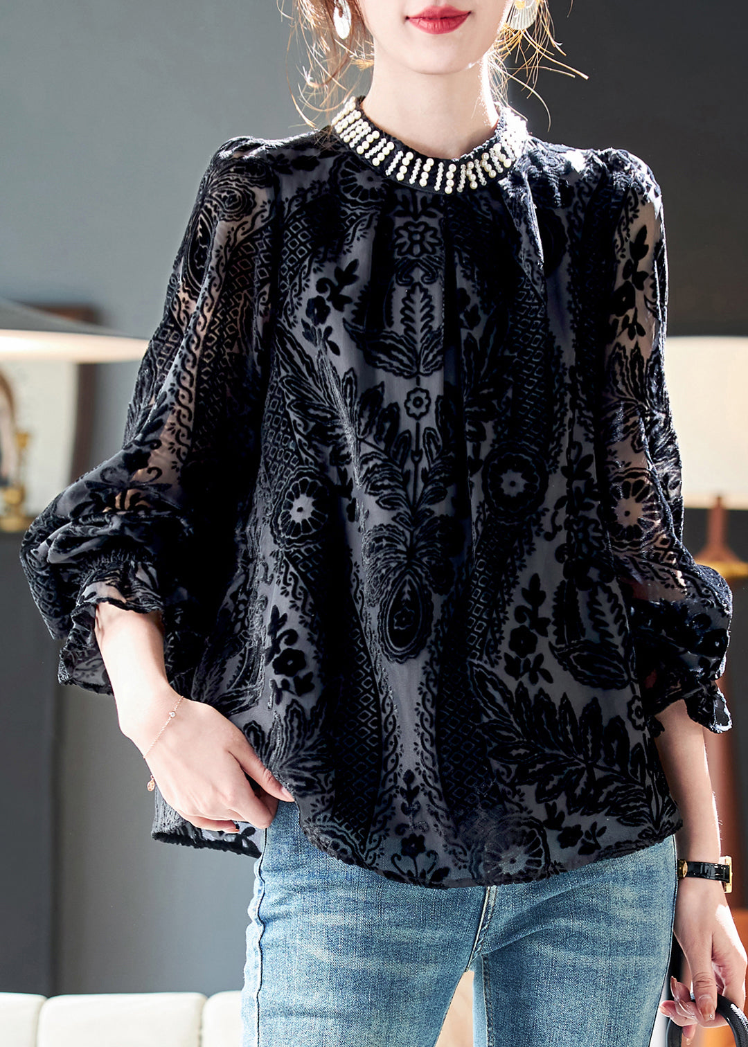 French Black Nail Bead Silk Velour Top Long Sleeve Ada Fashion