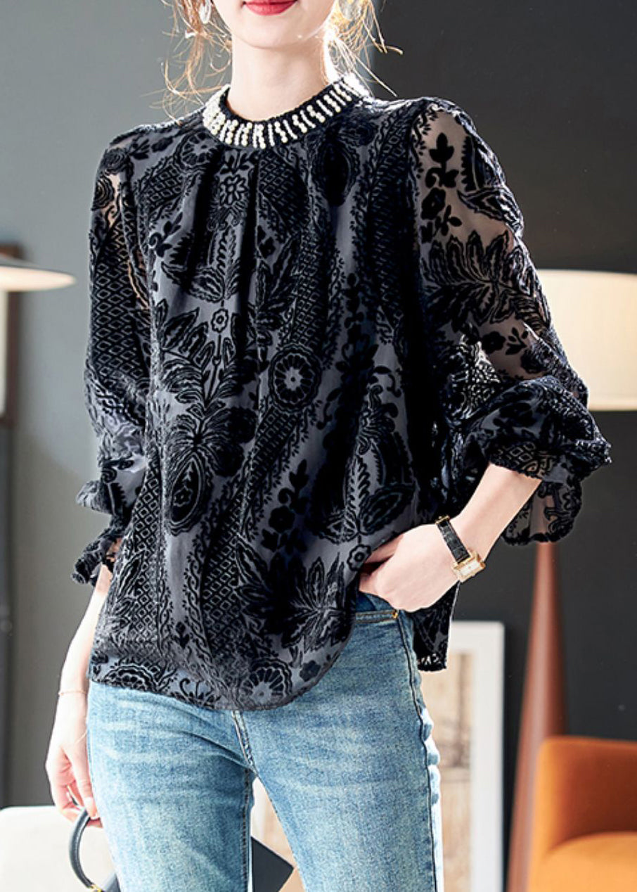 French Black Nail Bead Silk Velour Top Long Sleeve Ada Fashion