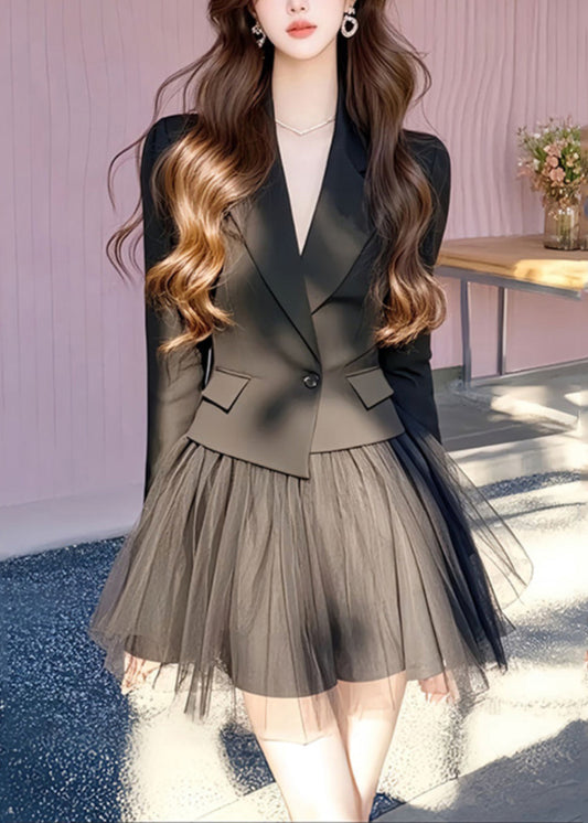 Schwarze französische und lange Röcke Mäntel gekerbten Tüll Set zwei Stück