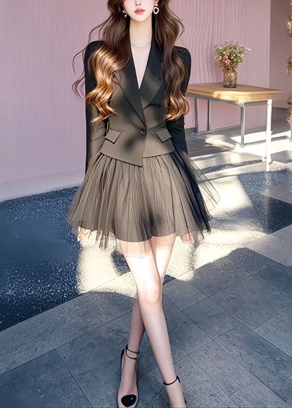 Schwarze französische und lange Röcke Mäntel gekerbten Tüll Set zwei Stück