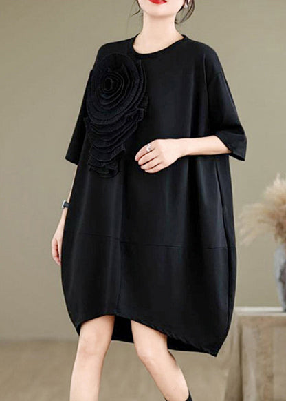 French Black O-Neck Floral Wrinkled Long Dresses Summer UU036